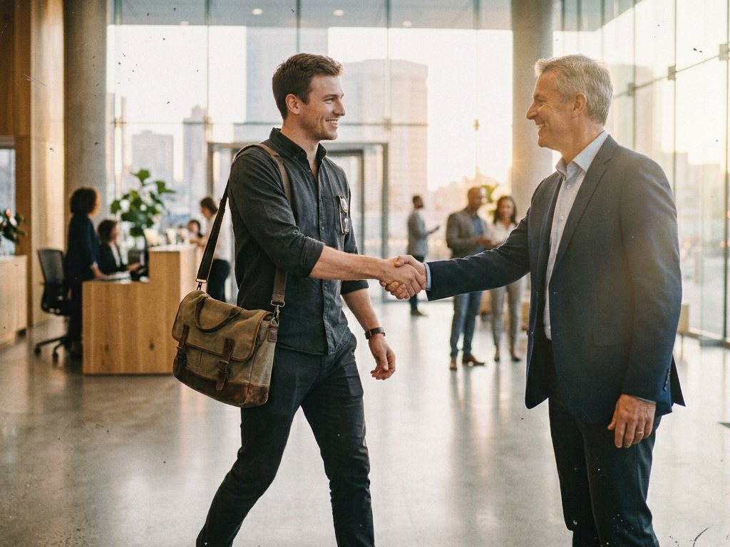 A Solenia resident engineer arriving at a client office, greeted with a handshake